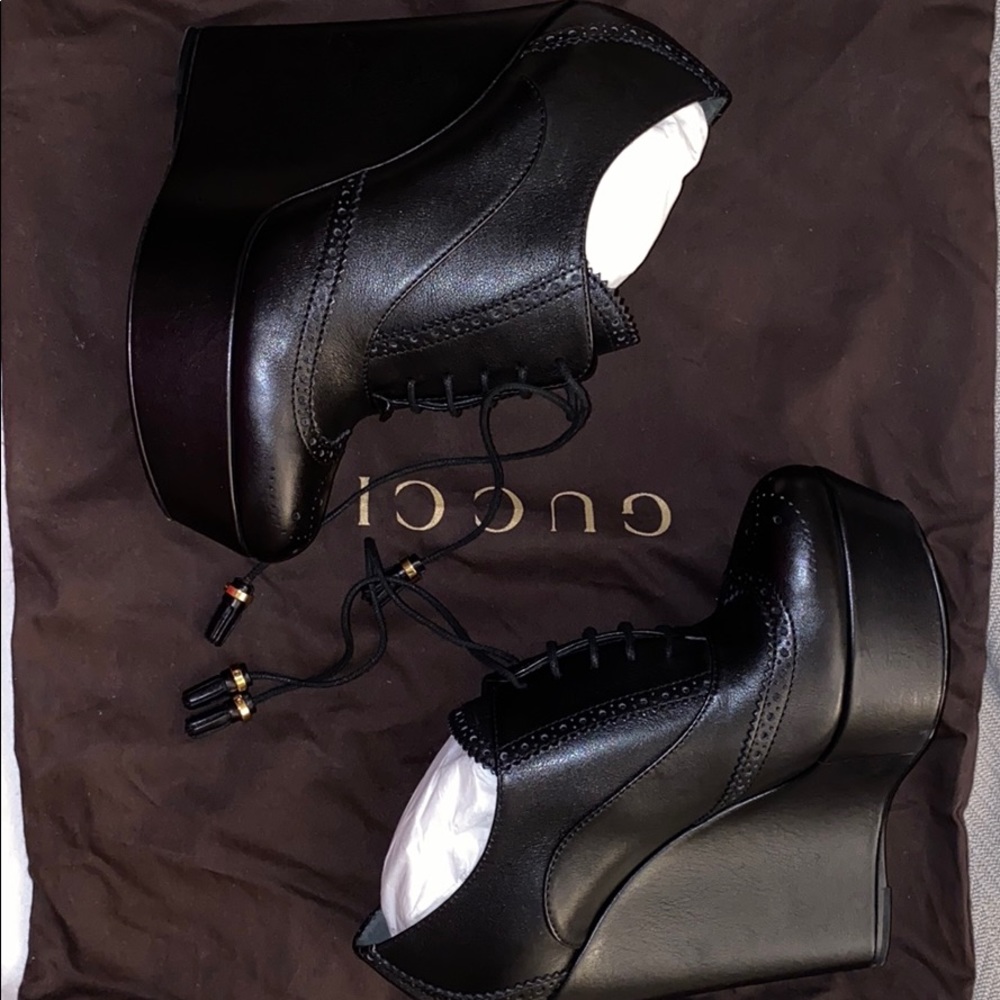 Gucci Black Laceup Brogue Wedge Bootie
